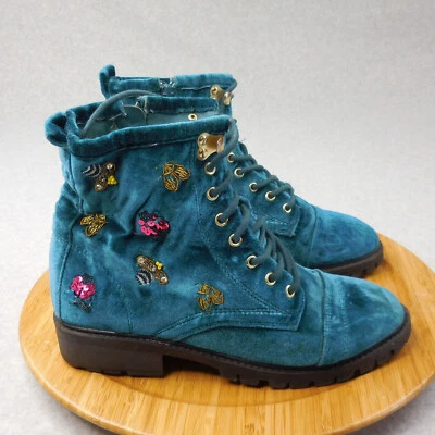Betsey Johson Womens Bugsy Booties Size 6.5 Green Velvet Rhinestone Embroidered - Image 1 of 4