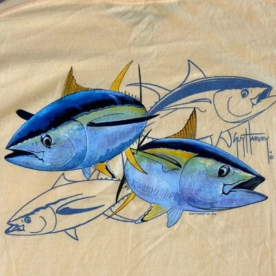 Guy Harvey SHIRT Mens XL Yellow Graphic Pocket T Shirt Tuna Fishing 2008 - Image 1 of 4