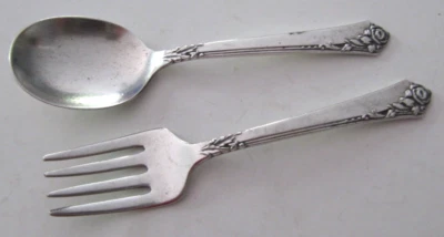 Heirloom Damask Rose Sterling Silver Baby Fork & Spoon Set No Monogram NICE — 第 1/4 张图片