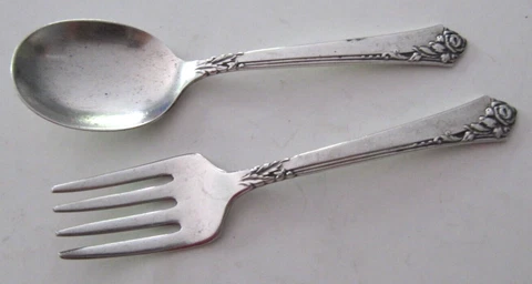 Heirloom Damask Rose Sterling Silver Baby Fork & Spoon Set No Monogram NICE Cover