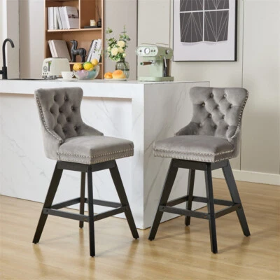Set of 2 Swivel Velvet Barstools w/Button Tufted Decoration & Wooden Legs Gray - Image 1 of 4