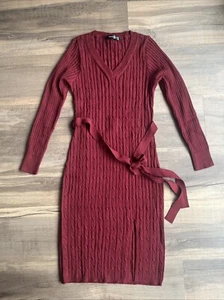 Merokeety Women’s Midi Sweater Dress Long Sleeve V-Neck Belted Maroon L - Picture 1 of 15