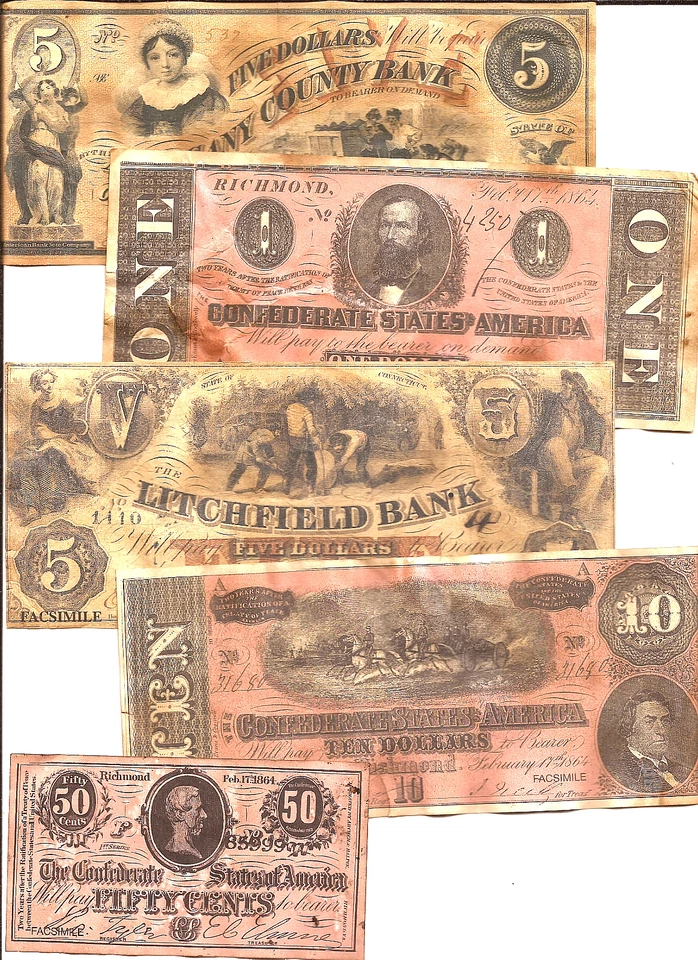 Lot of 5 REPRODUCTION antiqued U.S. Civil War era Note paper money bills - Image 1 of 1
