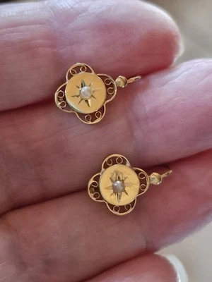 Anciennes Boucles Dormeuses Or 18 Cts, Perle Fine, 1,59 Grs - Immagine 1 di 4