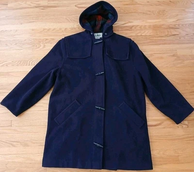 LL Bean Wool Duffel Toggle Pea Coat Women’s Size 6 Navy Blue Plaid Liner Hood - Image 1 of 4