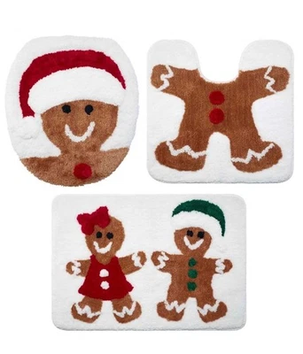 Conjunto de 3 peças novo tapete de banho de Natal para menino e menina pão de gengibre tampa de vaso sanitário - Imagem 1 de 3