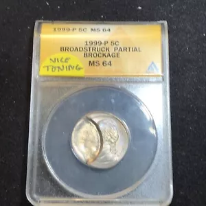 1999 Jefferson Nickel Error Broadstruck Part. Brockage ANACS Ms64 Nice Toning - Picture 1 of 11