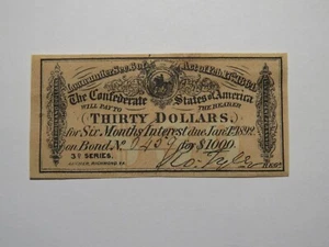 $30 1864 Confederate Bond Coupon Certificate Currency Bank Note Bill AU - Picture 1 of 2
