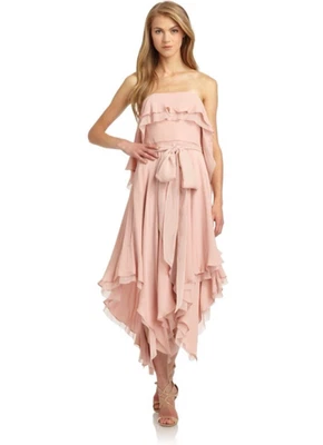 Halston Draped Handkerchief Dress 8 Silk Chiffon Ruffle Belt Strapless Midi Pink Foto 1 de 4
