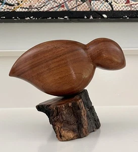 Vintage Wooden Sculpture Hand Carved  Staved Teak Wood Bird Carving 1980s Signed - Picture 1 of 12