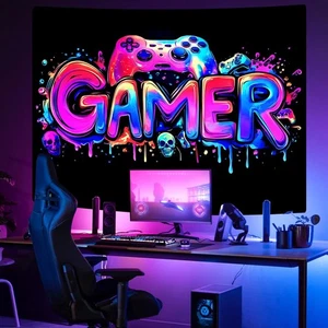 Gamer Gaming Tapestry, Blacklight Game Controller Horror Skull Wall Hanging, UV - Picture 1 of 7