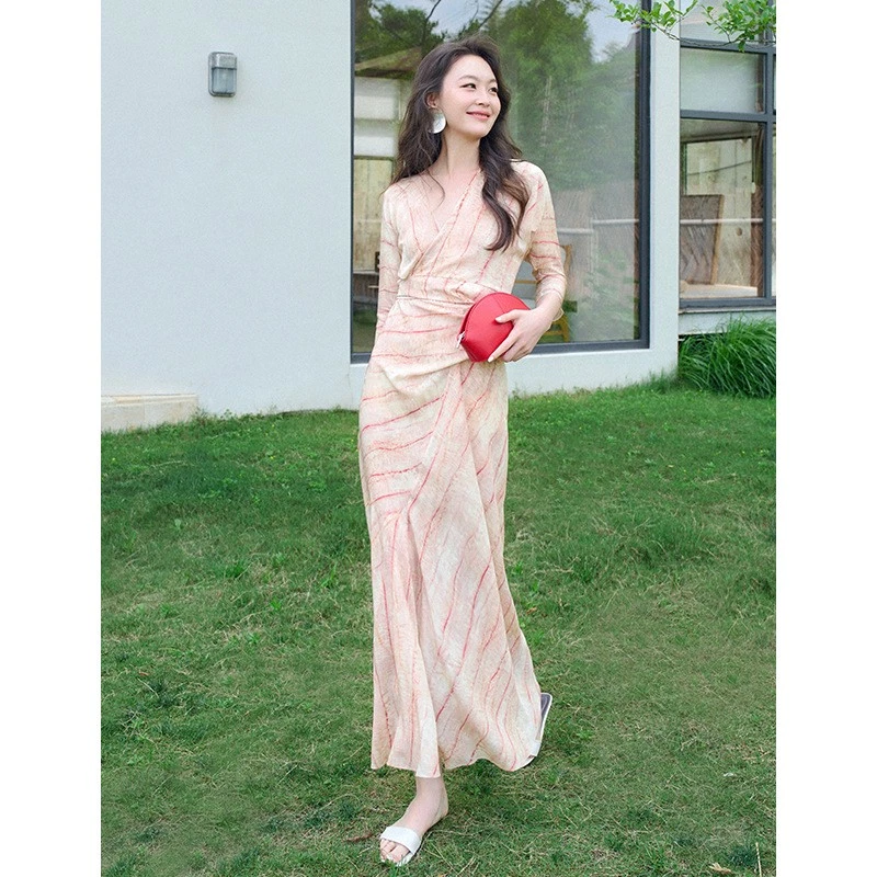 Vestido largo envolvente estilo francés para mujer cuello en V 100 % seda morera seda verano talla Foto 1 de 4