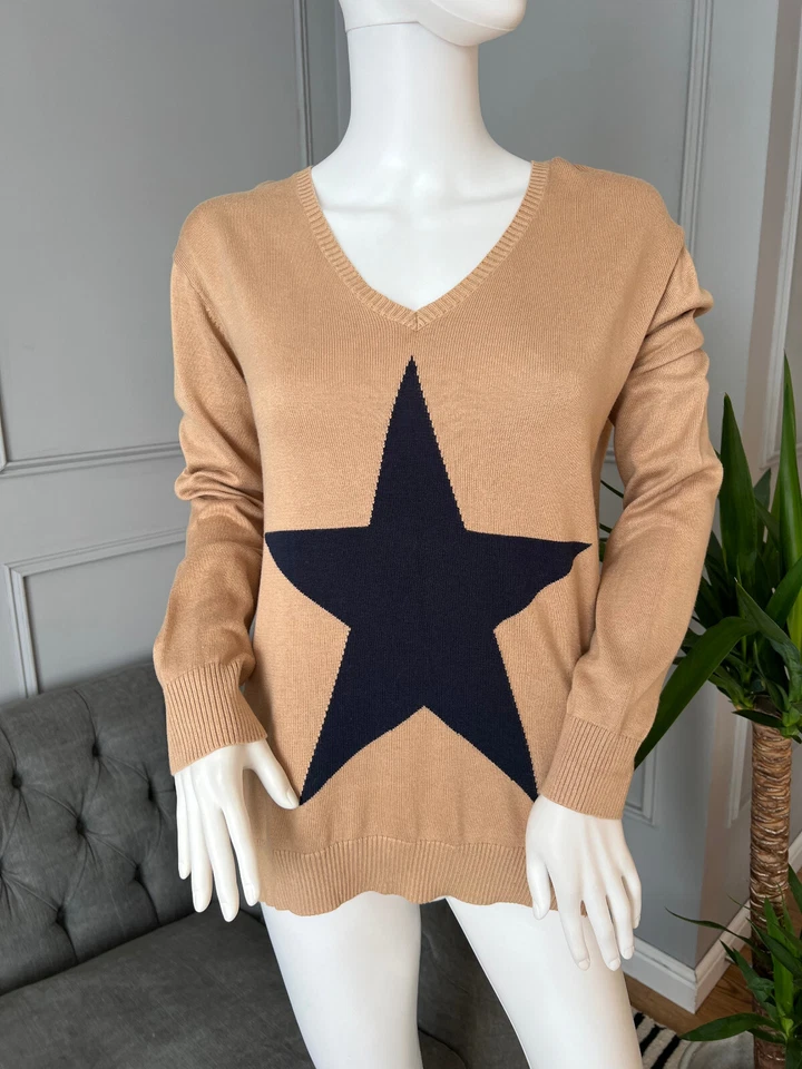 HUSH Jumper Small S Brown Camel Midnight V Neck Star  - Image 1 of 4
