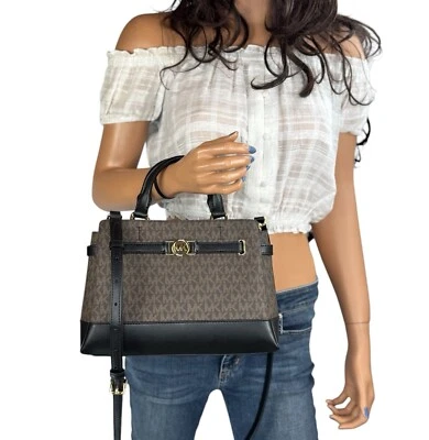 Michael Kors Reed SM Satchel Shoulder Crossbody Bag MK Brown Black - Image 1 of 4