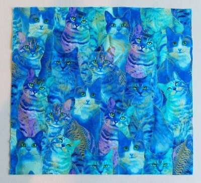 Cotton Fabric  -Blue Cats with Gold Highlights -  1 Piece 11 1/2" L x 12 1/4" W - Image 1 of 2