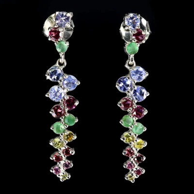 925 Sterlingsilber Ohrringe Runde Tansanit Smaragd Natürlicher Edelstein Schmuck - Bild 1 von 4