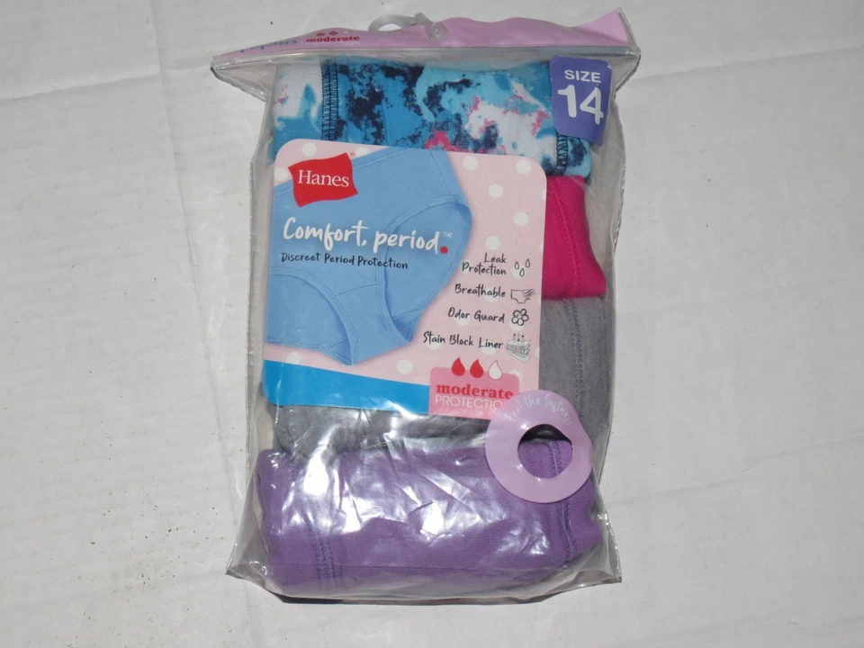 Hanes 4 Pack Girls' Comfort Period Hipster Underwear Multicolor Size 14