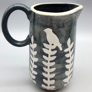Mud Pie Gray & White Ceramic Pitcher BUD VASE, Fern Leaves with Birds, 5" - Picture 1 of 8