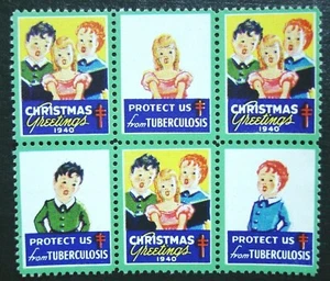 USA, 1940 Kinder singender Weihnachtsslogan Siegel 6er Block, WX101, postfrisch, ohne Gummi - Bild 1 von 3