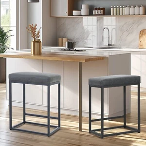Set of 2 Gray 24 Inch Backless Counter Bar Stools PU Leather Seat for Kitchen - Picture 1 of 13