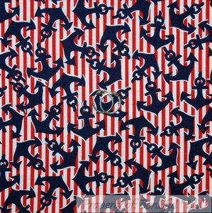 BonEful Fabric FQ Cotton Quilt Red White Blue American Stripe Sail Boat Anchor S - Picture 1 of 10