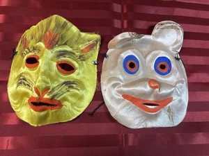 Máscara de Halloween vintage de tela colorida pintada de gato y conejito de los años 40 - Imagen 1 de 2