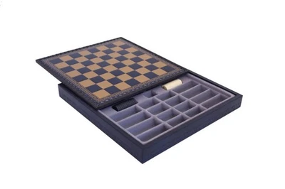 Plateau D'Échecs En Similicuir Or/Bleu Avec Rangement, 28Cm, Fabriqué En Italie - Photo 1/2