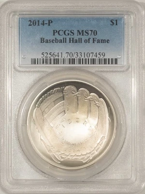 2014-P $1 BASEBALL HALL OF FAME SILVER COMMEMORATIVE, CONCAVE DESIGN PCGS MS-70 - Image 1 of 3