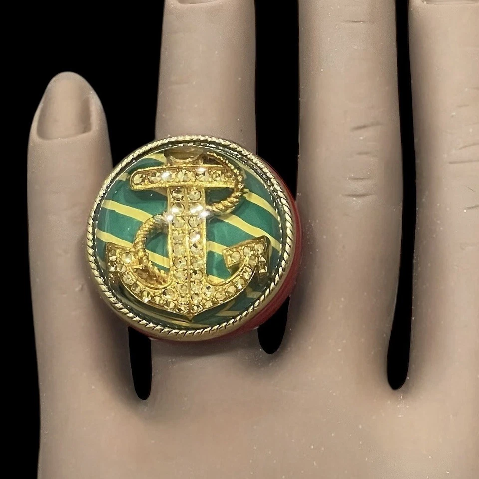 Betsey Johnson Nautical Ring Green Yellow Striped  Lucite Bubble Gold Anchor 7 - Image 1 of 4
