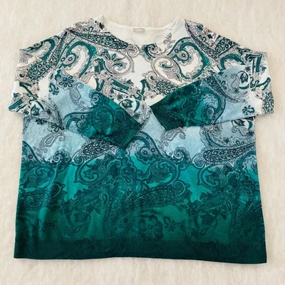 Suéter Pullover Chico's Mujer Blanco Azul Ombre Paisley Tejido Talla 4, XXL Foto 1 de 4