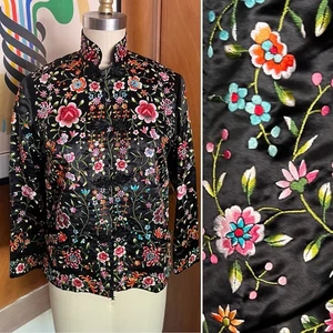 Giacca di seta ricamata nera vintage fiori di prugna Shanghai XS 0 2 32 - Foto 1 di 7