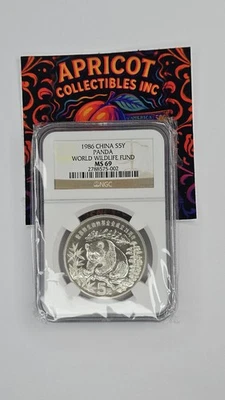 Moneda de plata 1986 China Panda World Wildlife Fund NGC MS69 Foto 1 de 4