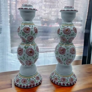 2 Hand Painted Roses Terracotta Candlestick Holders Mexico - Picture 1 of 11