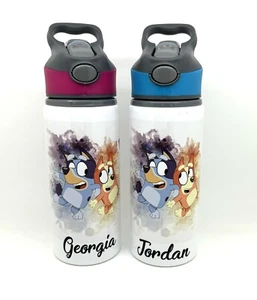Personalised Kids Bluey Bingo Inspired Water Bottle 650ml School Flip Top Straw - Picture 1 of 6