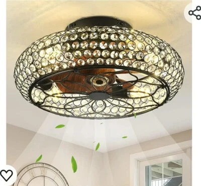 Caged Crystal Ceiling Fan with Lights and Remote,18.8" Flush Mount Low Pro(B16) - Image 1 of 3
