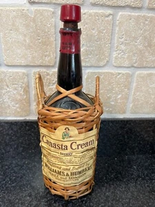 Vtg 1960's Canasta Cream Sherry Bottle In A Handmade Carrying Basket Williams - Picture 1 of 10