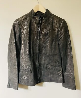 Chaqueta Moto Cuero Alfani Marrón Repujado con Caimán, Estampado Serpiente Reptil S Foto 1 de 4