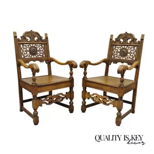 Antique Vanleigh Carved Oak Italian Renaissance Style Throne Arm Chairs - a Pair - Picture 1 of 12