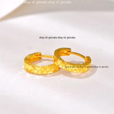 Pure 24K Yellow Gold Earrings Hoop Women Carved Star Surface Earrings 1.64-2g - Image 1 of 4