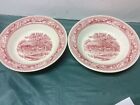 2 Currier & Ives WINTER Royal China Red/Pink Rimmed Soup Pasta Bowls USA 8 1/4”