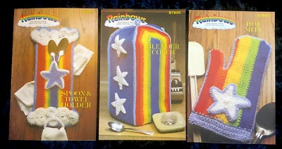 Annie's Attic-Lot 3 Rainbows Patterns-Hot Mitt-Spoon&Towel Holder-Blender Cover - Image 1 of 4