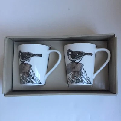 St. Nicholas Square Christmas Mugs Birds Joy To The World Set 2 White Porcelain - Image 1 of 4