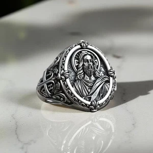 Anillo de plata de ley 925 con sello de Jesucristo para hombre, joyería cristiana hecha a mano - Imagen 1 de 10