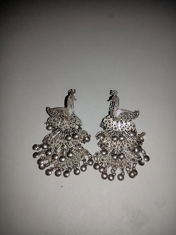 Vintage 925 Sterling Silver Articulated Peacock 3 Tier Earrings 1.75"  - Image 1 of 4