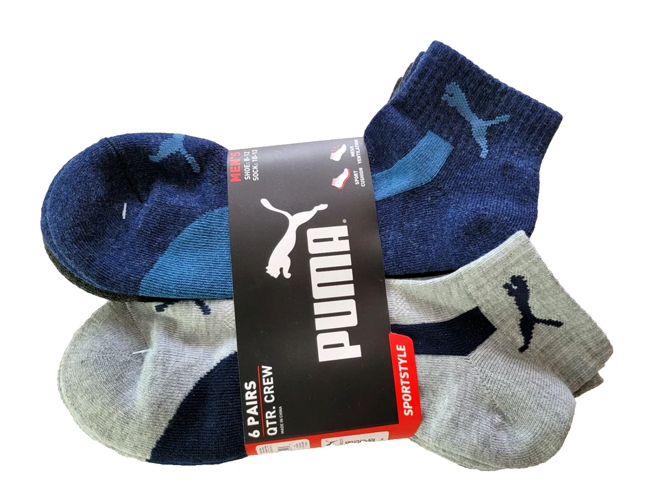 Meias masculinas Puma Quarter Crew pacote com 6 L azul preto cinza meia almofada esportiva felpuda - Imagem 1 de 4