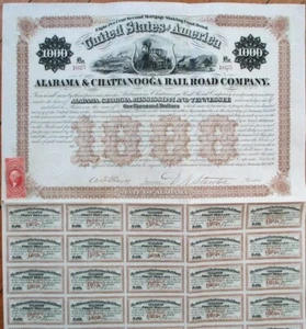 Certificado de bono ferroviario Alabama & Chattanooga Rail Road Co. 1869 - TN/AL - Imagen 1 de 1