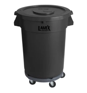 Commercial 32 Gallon BLACK Round Plastic Trash Can Complete with Lid and Dolly - Picture 1 of 8