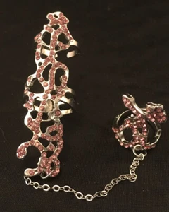 Doppelring rosa Strass verbunden mit Kette - Bild 1 von 6