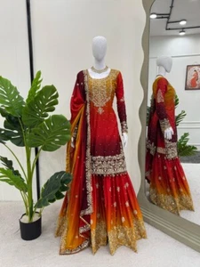 CHINNON SILK SALWAR KAMEEZ DRESS BOLLYWOOD PAKISTANI STITCHED WEDDING DESIGNER - Picture 1 of 7