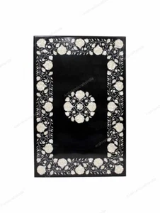 Handmade Black Marble Inlay Rectangle Dining Table Top – Pietra Dura Art 60"x36" - Picture 1 of 5